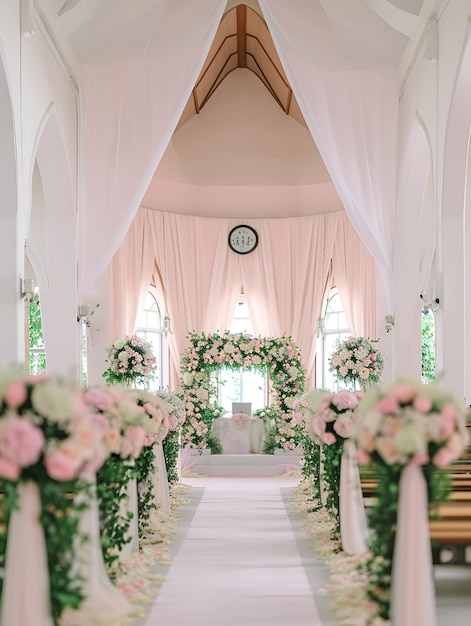 Foto un salón decorado con flores para una ceremonia de boda