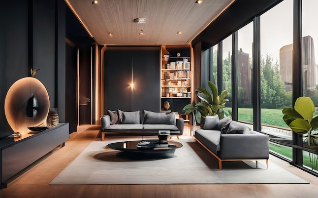 Salón decorado con muebles lujosos y minimalistas.
