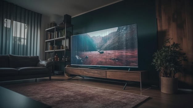 Salón de diseño elegante con gran pantalla de televisión Al generado