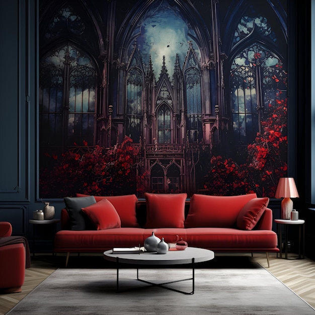 Salón con diseño gótico oscuro.