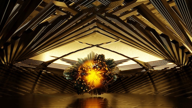 Salón dorado de ciencia ficción con reactor abstracto Sala de ciberespacio de simulación digital moderna