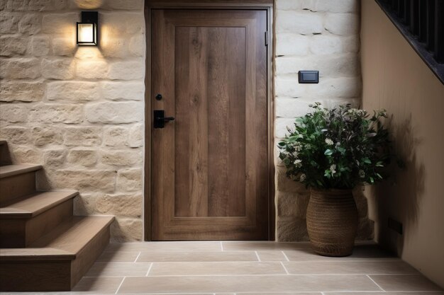 Salón de entrada rústico con escalera de madera minimalista y pared de paneles Diseño interior de granja