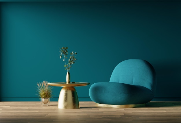 Salón escandinavo azul, con sillón azul y mesa dorada. Representación 3d