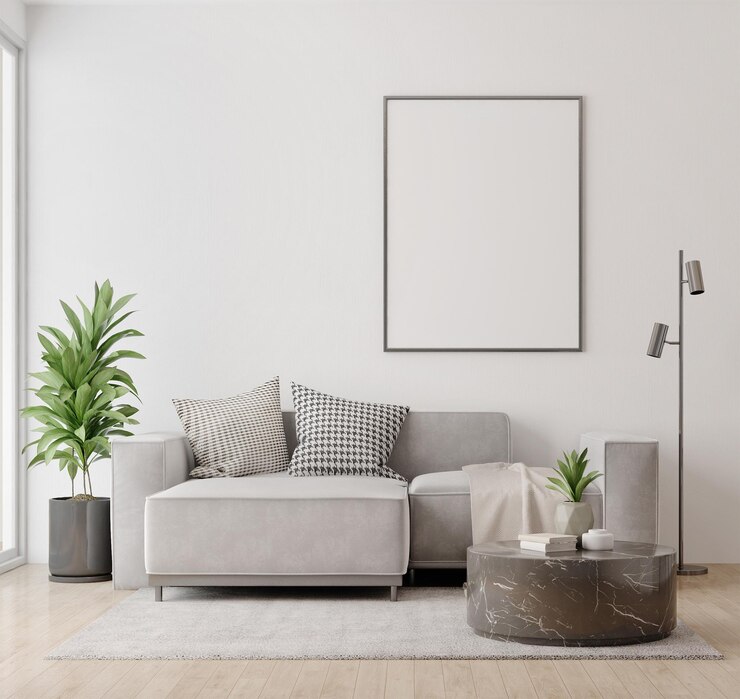 Salón escandinavo con maqueta de pared y marco de póster