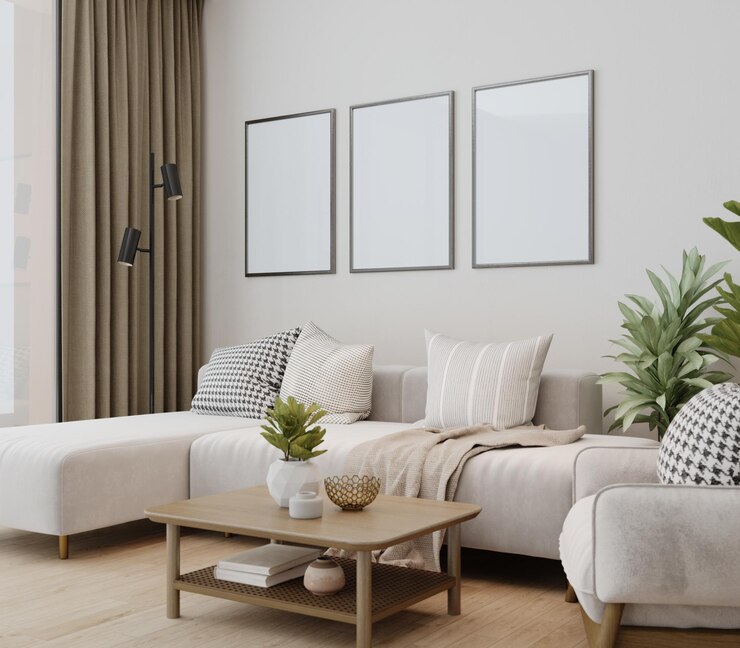 Salón escandinavo con maqueta de pared y marco de póster