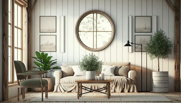 Un salón con un espejo redondo y un sofá con almohadones y una planta encima.