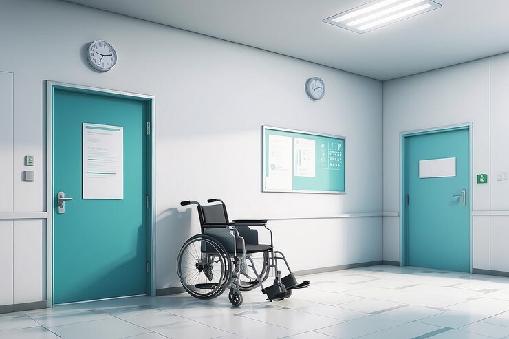 Salón de espera del pasillo del hospital con sillas de la junta de información puertas y silla de ruedas vacías sin gente clínica interior plana pancarta horizontal El fondo es el pasillo del Hospital