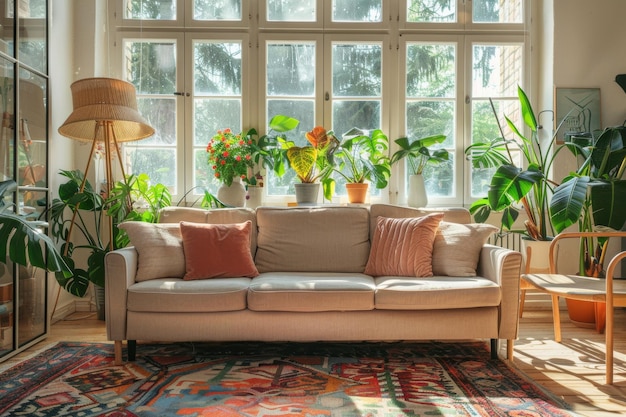 Salón exuberante con abundantes muebles y plantas