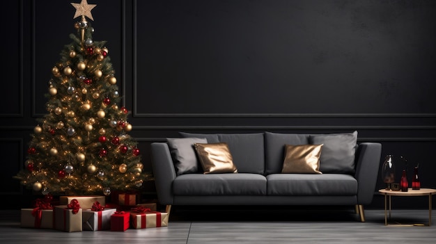 Un salón festivo adornado con un árbol de Navidad bellamente decorado y regalos.