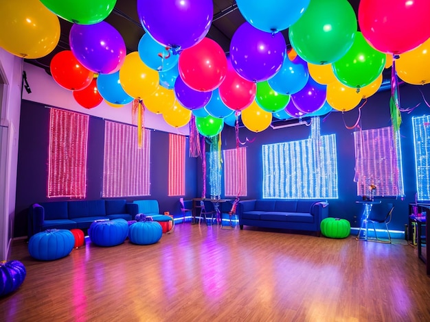 Foto salón de fiestas decorado con luces y destellos de colores fuertes y vibrantes