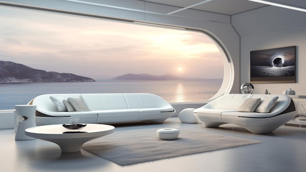 Un salón futurista con vistas al mar.