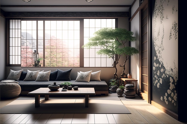 Un salón con un gran ventanal y una cortina de estilo japonés.