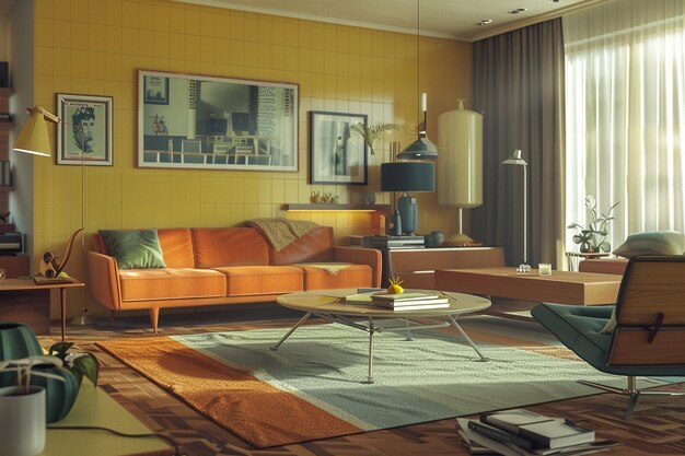 Salón de inspiración retro con muebles modernos de mediados de siglo