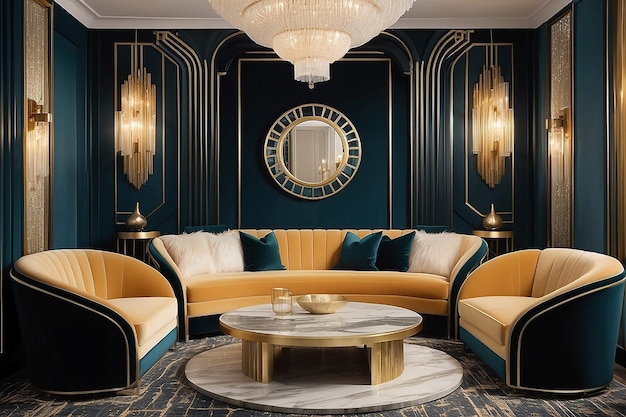 Salón inspirado en el Art Deco Gatsby con asientos de terciopelo