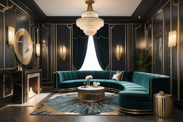 Salón inspirado en el Art Deco Gatsby con asientos de terciopelo