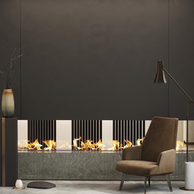 Salón interior con chimenea 3d render