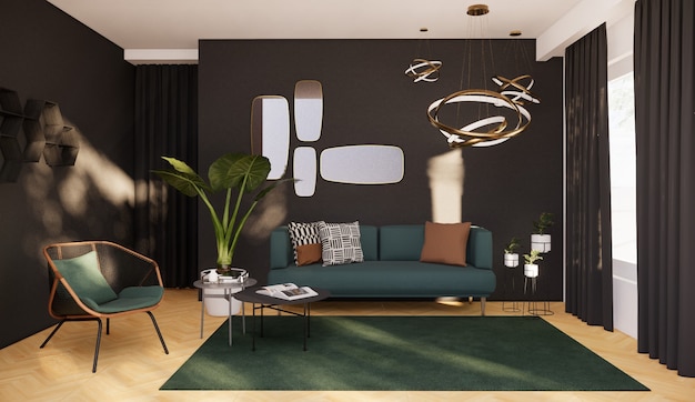 Salón interior con decoración moderna, render 3d