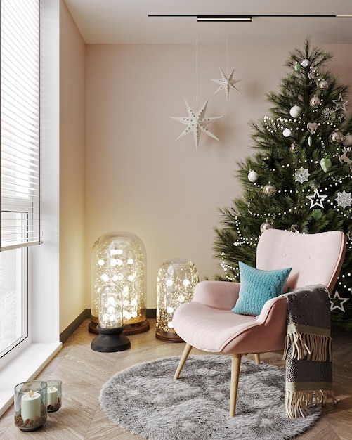 Salón interior de Navidad en estilo escandinavo. Árbol de Navidad con estrellas, centelleo, vela y silla acogedora rosa, renderizado 3d.