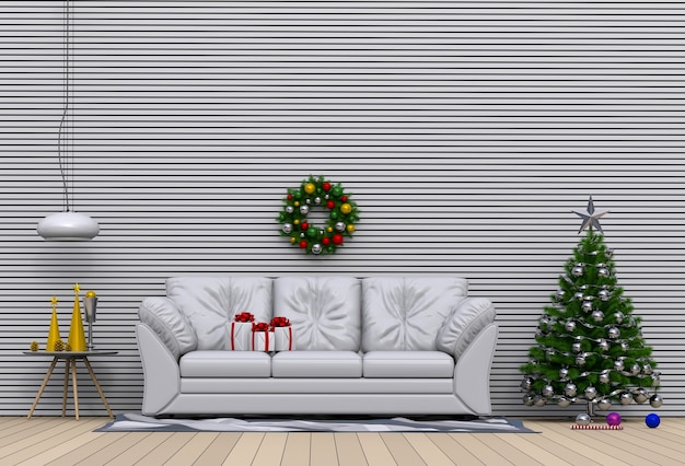 Salón interior de Navidad. Render 3d