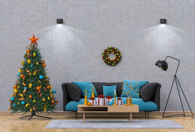 Salón interior de Navidad. Render 3d