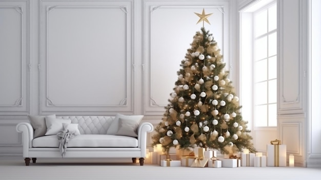 Salón interior navideño en estilo escandinavo Árbol de Navidad con cajas de regalo