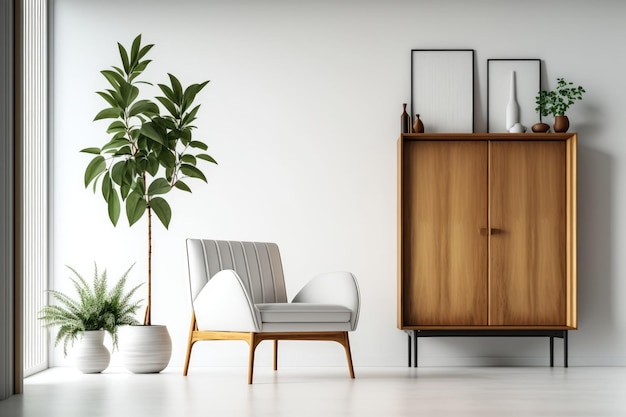 Salón interior con una pared blanca en blanco, un armario de madera y un sofá