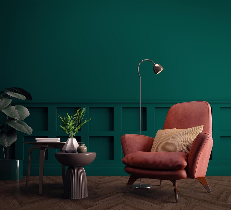 Salón interior Sillón almohada lámpara y mesa con planta en estilo art deco o clásico moderno