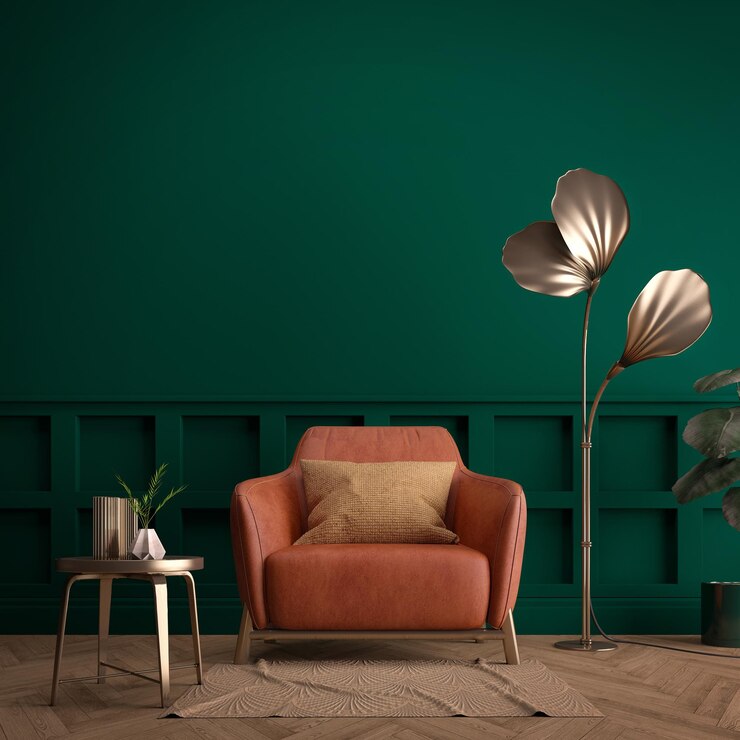 Salón interior Sillón almohada lámpara y mesa con planta en estilo art deco o clásico moderno