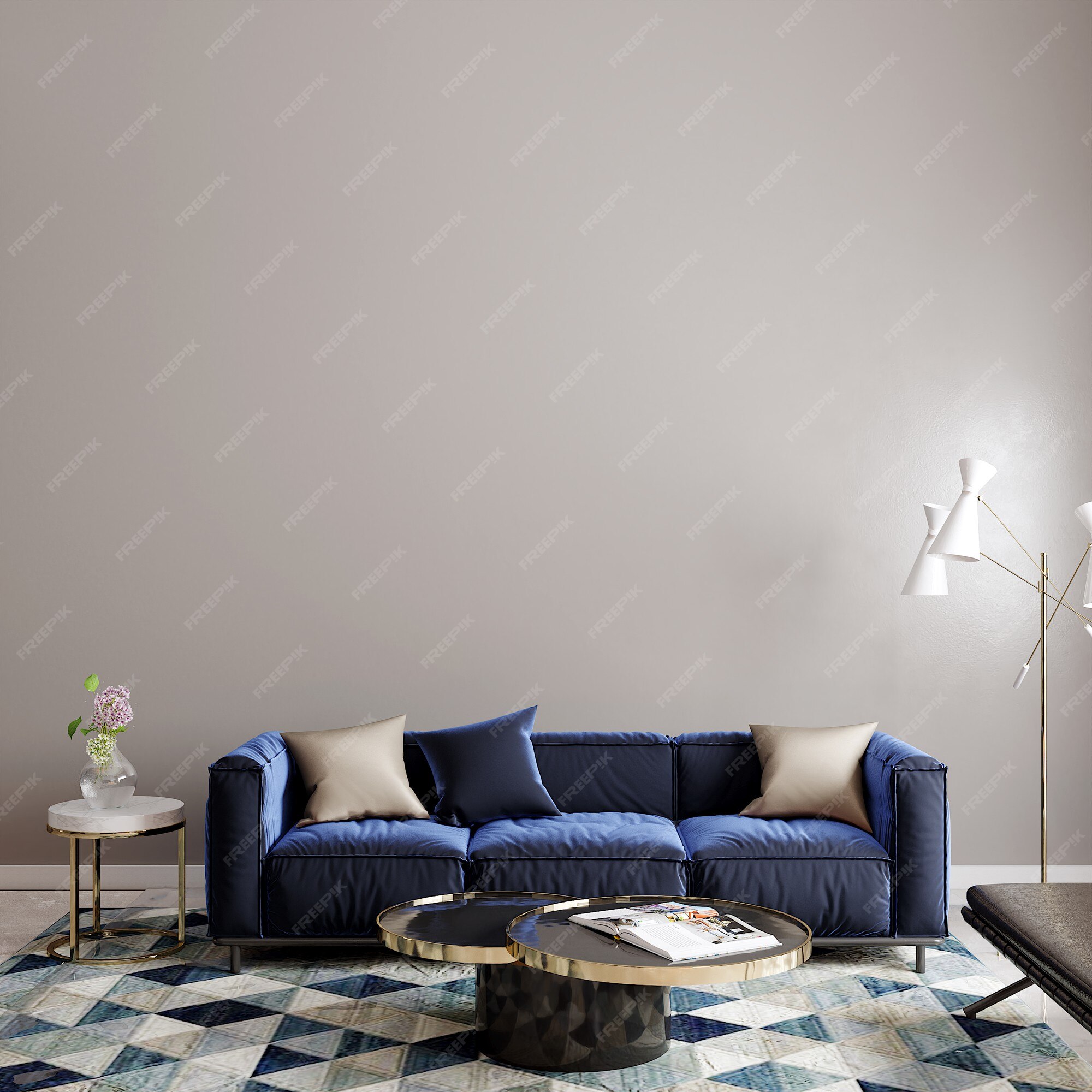 Salón interior con sofá azul y alfombra frente a la pared vacía | Foto  Premium