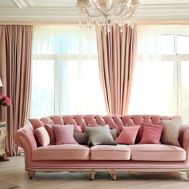 salón interior con sofá rosa colorido cojín y hermosa cortina de ventana