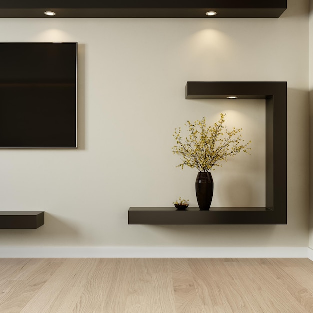 Salón interior con TV de pantalla plana con iluminación incorporada. representación 3d