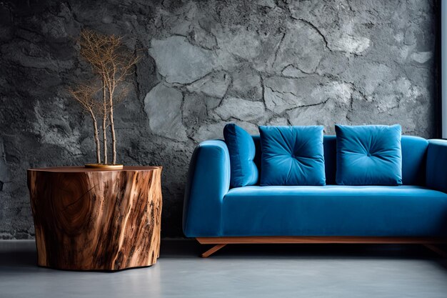 Salón loft elegante con elegante sofá de terciopelo azul mesa lateral de tronco de madera y una pared de piedra con textura