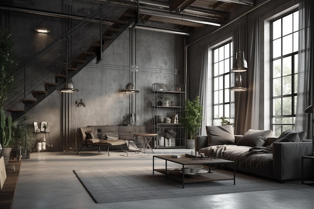 Salón loft en estilo industrial 3d render