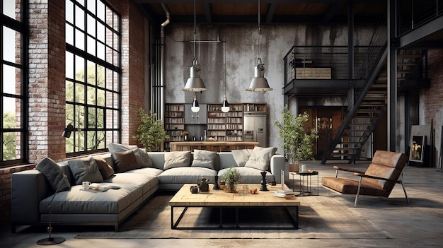 Salón loft en estilo industrial renderizado en 3D con IA generativa