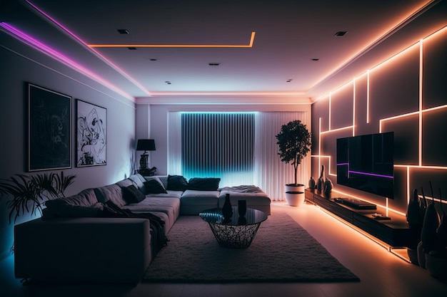 Un salón con luces led y una tv que dice 'luces led'