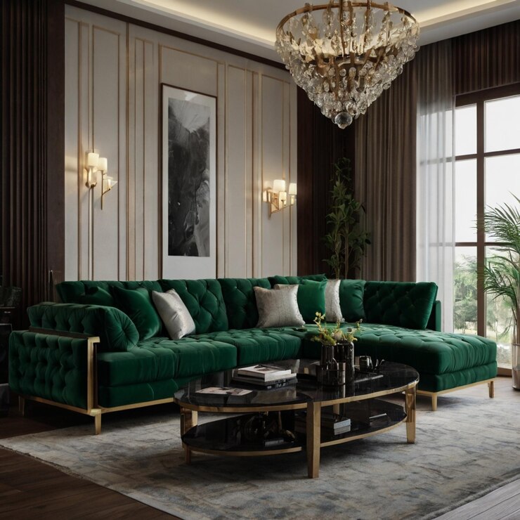 Salón de lujo en casa con diseño interior moderno sofá de terciopelo verde mesa de café puf dorado