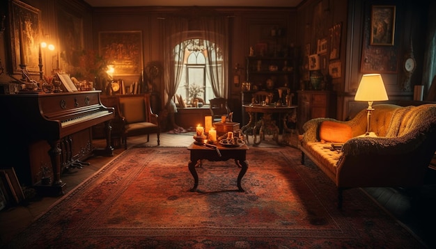 Salón de lujo con elegantes muebles de madera generados por IA