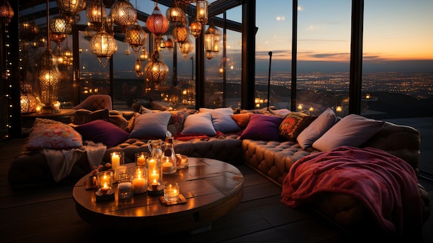 Salón de lujo moderno con impresionantes vistas a la ciudad por la noche