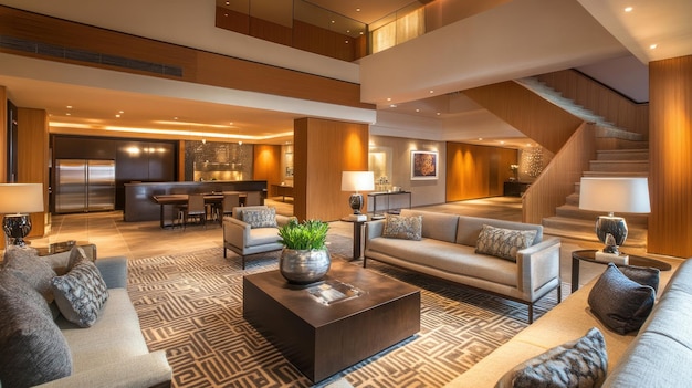 Salón de lujo de planta abierta con techo de doble altura muebles elegantes y cocina moderna visibles en el fondo