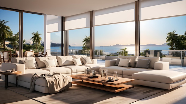 Salón de un lujoso apartamento con sofás blancos y beige Gran ventanal con vistas al mar Decoración interior ai generativa