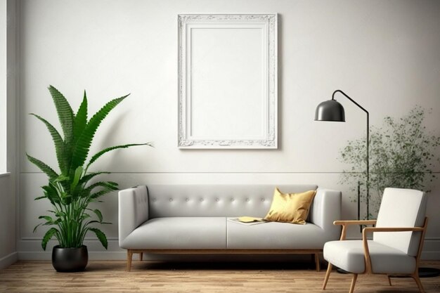 Un salón con marco blanco y una planta en la pared.
