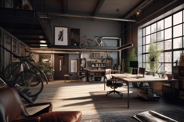 Un salón con una mesa grande y una bicicleta en la pared.