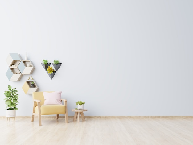 Salón con mesa de madera, lámparas y sillón amarillo.