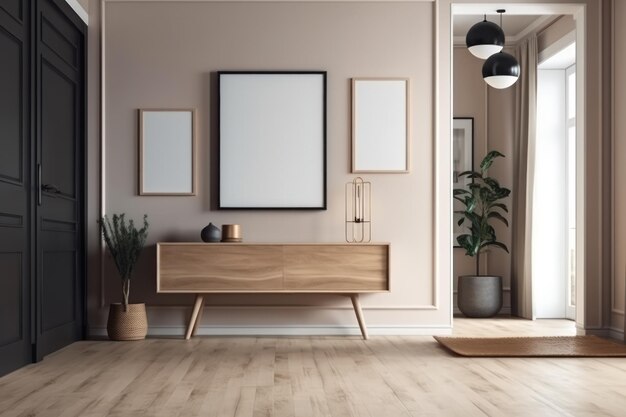 Un salón con una mesa de madera y un marco de madera en la pared.