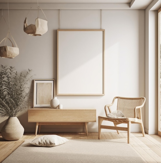 Un salón con una mesa de madera y una planta en la pared.