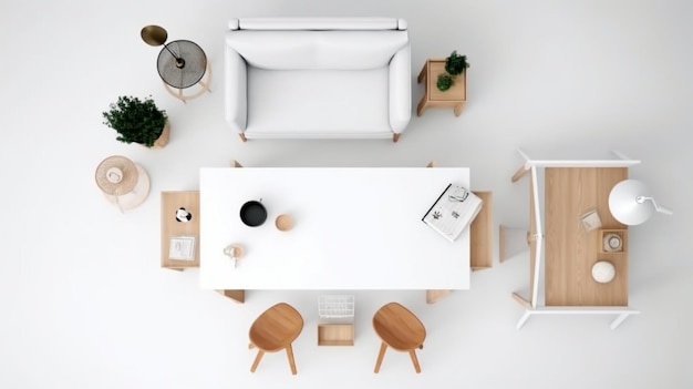 Un salón con una mesa y sillas blancas y un sofá con una mesa blanca y una lámpara.