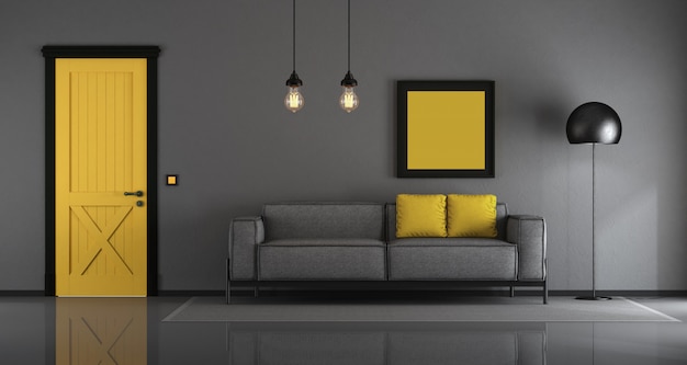 Salón minimalista amarillo y gris