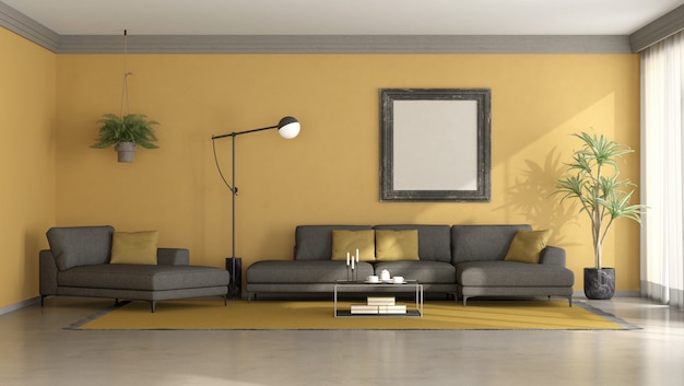 Salón minimalista negro y amarillo