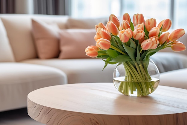 Salón minimalista con ramo de tulipanes en una mesa de café cerca del sofá, primer plano, interior floral de temporada