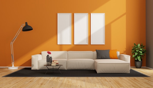 Salón minimalista con sofá blanco.